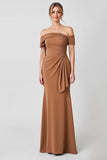 Off The Shoulder Sheath Brown Appliqued Mother of The Bride Dress