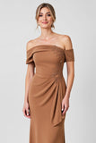 Off The Shoulder Sheath Brown Appliqued Mother of The Bride Dress