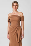Off The Shoulder Sheath Brown Appliqued Mother of The Bride Dress