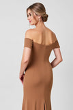 Off The Shoulder Sheath Brown Appliqued Mother of The Bride Dress