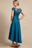 Peacock Blue A Line Lace Appliqued Mother of The Bride Dress
