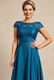 Peacock Blue A Line Lace Appliqued Mother of The Bride Dress