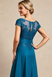 Peacock Blue A Line Lace Appliqued Mother of The Bride Dress