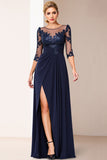 A Line Lace Appliqued Navy Mother Of Bride Dress With Slit