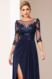 A Line Lace Appliqued Navy Mother Of Bride Dress With Slit