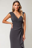 Chiffon Sheath Ruched Steel Grey Mother of The Bride Dress