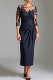 Appliqued Navy Sheath Ruched Mother Of Bride Dress