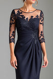 Appliqued Navy Sheath Ruched Mother Of Bride Dress