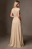 Ruffled A Line Champagne Long Wedding Guest Dress with Slit