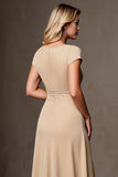 Ruffled A Line Champagne Long Wedding Guest Dress with Slit