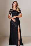 Lace Appliqued A Line Black Mother of the Bride Dress With Slit