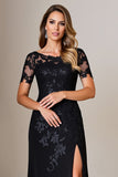 Lace Appliqued A Line Black Mother of the Bride Dress With Slit