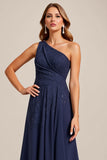 One Shoulder A Line Chiffon Navy Mother Of Bride Dress