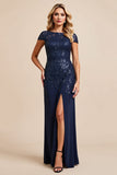 Sequins Sheath Navy Mother Of Bride Dress With Slit