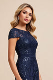 Sequins Sheath Navy Mother Of Bride Dress With Slit