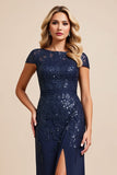 Sequins Sheath Navy Mother Of Bride Dress With Slit