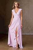 Chiffon A Line Candy Pink Ruffled Mother Of Bride Dress With Slit