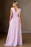 Chiffon A Line Candy Pink Ruffled Mother Of Bride Dress With Slit