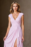 Chiffon A Line Candy Pink Ruffled Mother Of Bride Dress With Slit