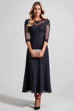 Lace Appliqued A Line Navy Mother Of Bride Dress