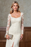 A Line Long Sleeves Champagne Appliqued Mother Of Bride Dress