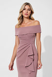 Off The Shoulder Mauve Sheath Ruched Mother Of Bride Dress
