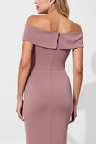 Off The Shoulder Mauve Sheath Ruched Mother Of Bride Dress
