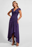 V Neck Purple A Line Sequins High-Low Mother of The Bride Dress