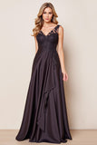 A Line Lace Appliqued Black V Neck Mother of the Bride Dress