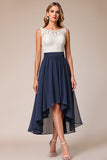 High-Low Navy A Line Wedding Guest Dress with Appliques