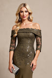 Off The Shouder Mermaid Olive Lace Appliqued Mother Of Bride Dress