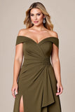 Olive Plus Size Ruched Off The Shoulder A Line Mother Of The Bride Dress With Slit