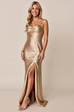 Metallic Sheath Cowl Neck Gold Long Wedding Guest Dress With Slit