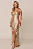 Metallic Sheath Cowl Neck Gold Long Wedding Guest Dress With Slit