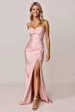 Blush Ruched Mermaid Satin Spaghetti Straps Long Wedding Guest Dress With Slit