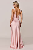 Blush Ruched Mermaid Satin Spaghetti Straps Long Wedding Guest Dress With Slit