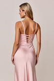 Blush Ruched Mermaid Satin Spaghetti Straps Long Wedding Guest Dress With Slit