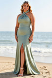 Mermaid Halter Eucalyptus Long Bridesmaid Dress with Slit