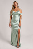 Satin Cold Shoulder Sage Green Long Bridesmaid Dress with Slit