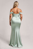 Satin Cold Shoulder Sage Green Long Bridesmaid Dress with Slit