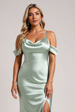 Satin Cold Shoulder Sage Green Long Bridesmaid Dress with Slit