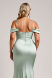 Satin Cold Shoulder Sage Green Long Bridesmaid Dress with Slit