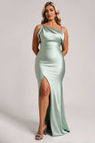 Plus Size Satin Sage Green Long Bridesmaid Dress with Slit