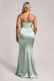 Plus Size Satin Sage Green Long Bridesmaid Dress with Slit