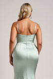 Plus Size Satin Sage Green Long Bridesmaid Dress with Slit