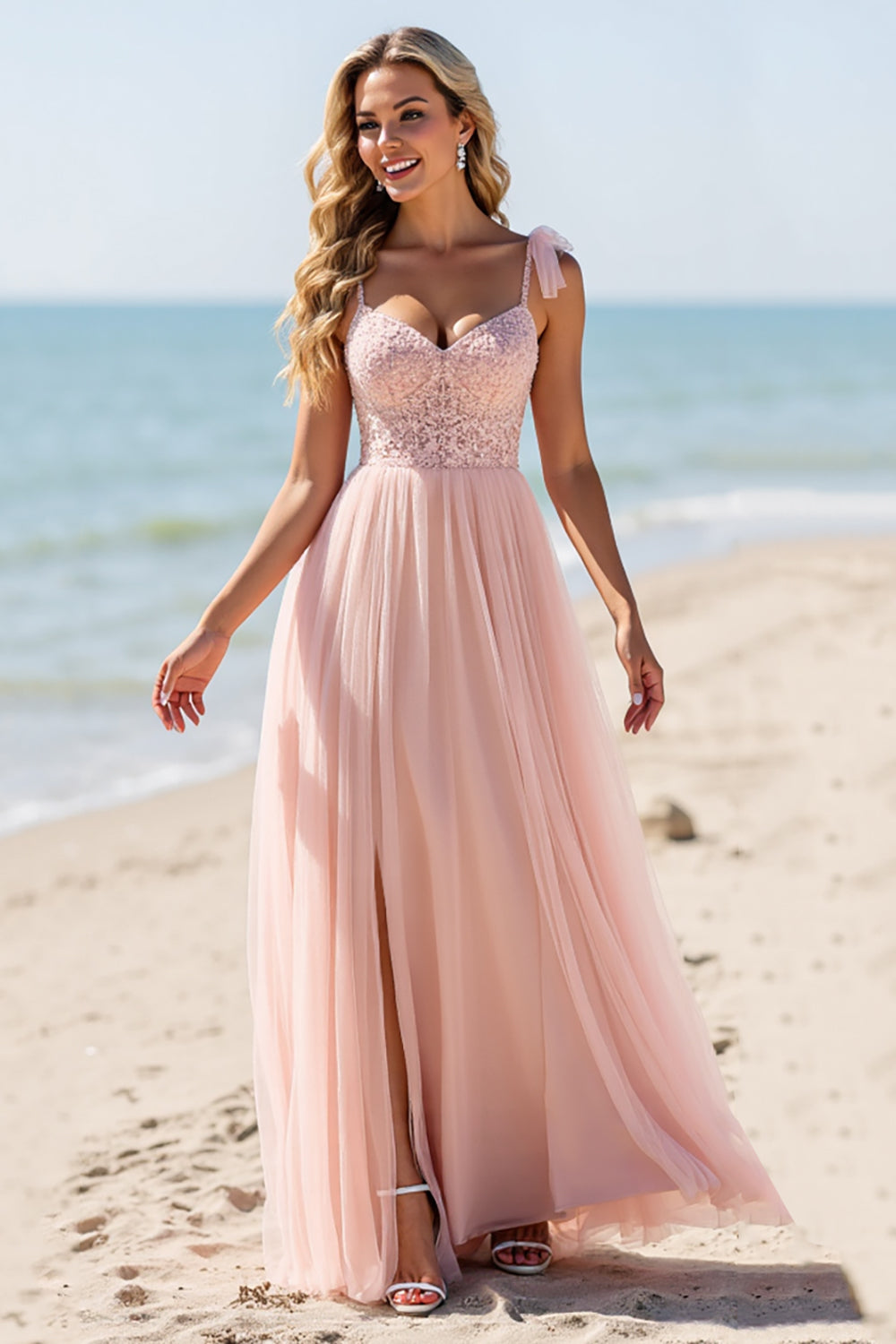 LVNES Women Blush Wedding Dress with Slit Appliqued Spaghetti Straps Tulle A Line Long Wedding Guest Dress – Lvnes
