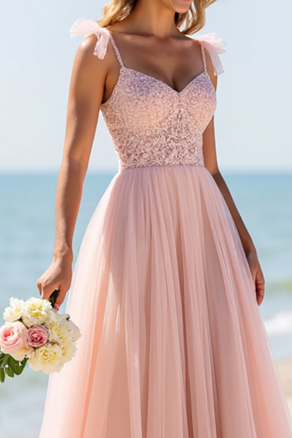 LVNES Women Blush Wedding Dress with Slit Appliqued Spaghetti Straps Tulle A Line Long Wedding Guest Dress Lvnes LVNES Women Blush Wedding Dress with Slit Appliqued Spaghetti Straps Tulle A Line Long Wedding Guest Dress Lvnes