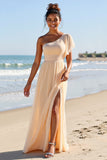 One Shoulder Chiffon Apricot Long Bridesmaid Dress with Slit