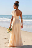 One Shoulder Chiffon Apricot Long Bridesmaid Dress with Slit