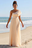 One Shoulder Chiffon Apricot Long Bridesmaid Dress with Slit